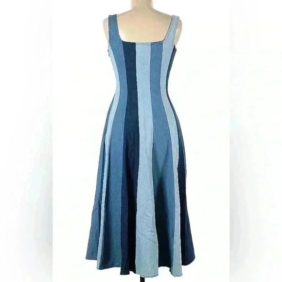 Farm Rio Anthropologie Midi Dress XS 0 2 Colorblock Denim Stripe Chambray $278 - Picture 10 of 10